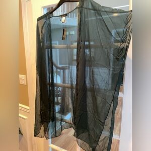 INC dark green chiffon topper jacket with beaded neckline and sleeve.